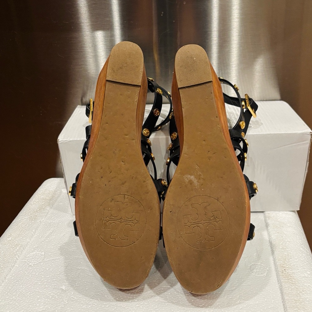Tory Burch Women's Black Leather Studded Wedge Sandals - Picture 12 of 12